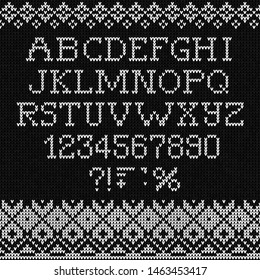 Ugly sweater Merry Christmas knit font alphabet ornament. Vector illustration Knitted background seamless pattern scandinavian dark ornament. Black and white monochrome knitting