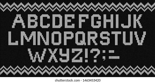 Ugly Sweater Merry Christmas Knit Font Alphabet Ornament. Vector Illustration Knitted Background Seamless Pattern Scandinavian Dark Ornament. Black And White Monochrome Knitting