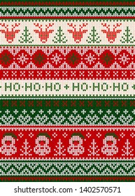 Ugly sweater Merry Christmas party ornament. Vector illustration knitted background seamless pattern with deer, christmas tree, snowflake, scandinavian ornament. White,green, red colored knitting