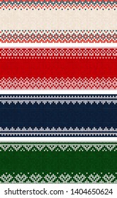 Ugly sweater Merry Christmas party ornament kneatwear. Vector illustration knitted background banner border seamless pattern scandinavian ornament. White, blue, red, green colored knitting