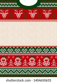 Ugly sweater Merry Christmas party invite template. Frame border for poster or greeting card. Vector illustration knitted background scandinavian ornament pattern. White,green, red colored knitting