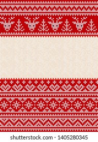 Ugly sweater Merry Christmas party ornament. Vector illustration Handmade knitted background seamless pattern with deer, christmas tree, snowflake, scandinavian ornament. White, red colored knitting