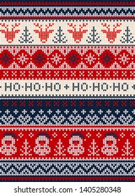 Ugly sweater Merry Christmas party ornament. Vector illustration knitted background seamless pattern with deer, christmas tree, snowflake, scandinavian ornament. White, blue, red colored knitting