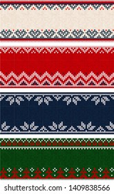 Ugly sweater Merry Christmas party ornament kneatwear. Vector illustration knitted background banner border seamless pattern scandinavian ornament. White, blue, red, green colored knitting