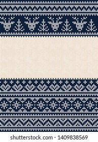 Ugly sweater Merry Christmas party ornament. Vector illustration Handmade knitted background seamless pattern with deer, christmas tree, snowflake, scandinavian ornament. White,blue colored knitting