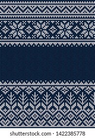 Ugly sweater Merry Christmas party ornament. Vector illustration Handmade knitted background seamless pattern with christmas tree, snowflake, scandinavian ornament. White, blue colored knitting