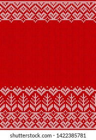 Ugly sweater Merry Christmas party ornament. Vector illustration Handmade knitted background seamless pattern with christmas tree, snowflake, scandinavian ornament. White, red colored knitting