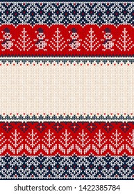 Ugly sweater Merry Christmas party ornament. Vector illustration knitted background seamless pattern snowman, christmas tree, snowflake, scandinavian ornament. White, red, blue colored knitting