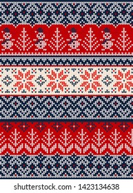 Ugly sweater Merry Christmas party ornament. Vector illustration knitted background seamless pattern snowman, christmas tree, snowflake, scandinavian ornament. White, red, blue colored knitting