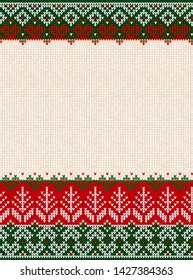 Ugly sweater Merry Christmas party ornament. Vector illustration Handmade knitted background seamless pattern christmas tree, snowflake, scandinavian ornament. White, red, green colored knitting