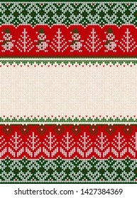 Ugly sweater Merry Christmas party ornament. Vector illustration knitted background seamless pattern snowman, christmas tree, snowflake, scandinavian ornament. White, red, green colored knitting