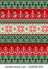 Ugly sweater Merry Christmas party ornament. Vector illustration knitted background seamless pattern snowman, christmas tree, snowflake, scandinavian ornament. White, red, green colored knitting