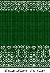 Ugly sweater Merry Christmas party ornament. Vector illustration Handmade knitted background seamless pattern with christmas tree, snowflake, scandinavian ornament. White, green colored knitting