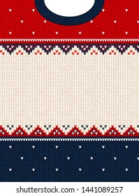 Ugly sweater Merry Christmas party ornament. Vector illustration Handmade knitted background frame border pattern christmas ornamental border, scandinavian style. White, green, red colored knitting