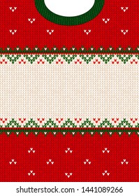 Ugly sweater Merry Christmas party ornament. Vector illustration Handmade knitted background frame border pattern christmas ornamental border, scandinavian style. White, green, red colored knitting