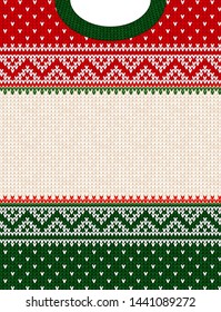 Ugly sweater Merry Christmas party ornament. Vector illustration Handmade knitted background frame border pattern christmas ornamental border, scandinavian style. White, green, red colored knitting