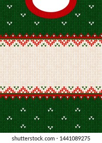 Ugly sweater Merry Christmas party ornament. Vector illustration Handmade knitted background frame border pattern christmas ornamental border, scandinavian style. White, green, red colored knitting