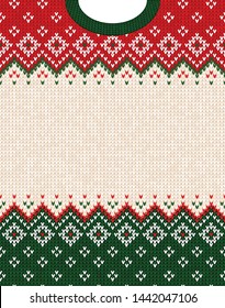 Ugly sweater Merry Christmas party ornament. Vector illustration Handmade knitted background frame border pattern christmas ornamental border, scandinavian style. White, green, red colored knitting