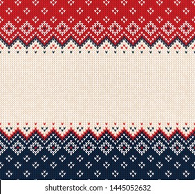 Ugly sweater Merry Christmas party ornament. Vector illustration Handmade seamless knitted background frame border pattern christmas ornamental border, scandinavian style. White, blue, red colored kni