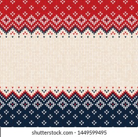 Ugly sweater Merry Christmas party ornament. Vector illustration Handmade seamless knitted background frame border pattern christmas ornamental border, scandinavian style. White, blue, red knitting