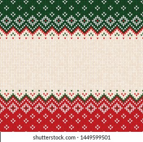 Ugly sweater Merry Christmas party ornament. Vector illustration Handmade seamless knitted background frame border pattern christmas ornamental border, scandinavian style. White, green, red knitting