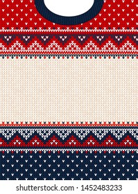 Ugly sweater Merry Christmas party ornament. Vector illustration Handmade knitted background frame border pattern christmas ornamental border, scandinavian style. White, blue, red colored knitting