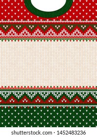 Ugly sweater Merry Christmas party ornament. Vector illustration Handmade knitted background frame border pattern christmas ornamental border, scandinavian style. White, green, red colored knitting