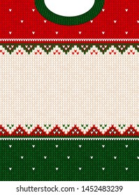 Ugly sweater Merry Christmas party ornament. Vector illustration Handmade knitted background frame border pattern christmas ornamental border, scandinavian style. White, green, red colored knitting