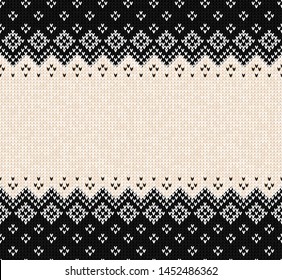 Ugly sweater Merry Christmas party ornament. Vector illustration Handmade seamless knitted background frame border pattern christmas ornamental border, scandinavian style. Black and white colored knit