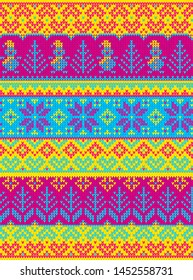 Ugly sweater Merry Christmas party ornament. Vector illustration Handmade knitted background seamless pattern scandinavian ornament. Pink, blue, yellow colored knitting