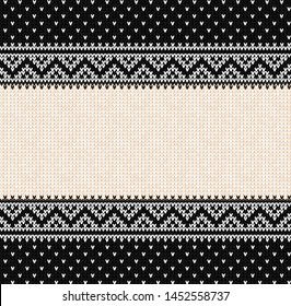 Ugly sweater Merry Christmas party ornament. Vector illustration Handmade seamless knitted background frame border pattern christmas ornamental border, scandinavian style. Black and white colored knit