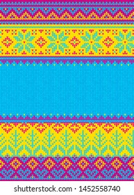 Ugly sweater Merry Christmas party ornament. Vector illustration Handmade knitted background seamless pattern scandinavian ornament. Pink, blue, yellow colored knitting
