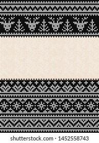 Ugly sweater Merry Christmas party ornament. Vector illustration Handmade knitted background seamless pattern with deer, christmas tree, snowflake, scandinavian ornament. Black and white colored knitt