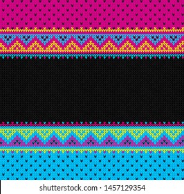 Ugly sweater Merry Christmas party knit ornament. Vector illustration Knitted background seamless pattern scandinavian ornament tropical bright colors. Black and pink, blue, yellow colored knitting