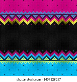 Ugly sweater Merry Christmas party knit ornament. Vector illustration Knitted background seamless pattern scandinavian ornament tropical bright colors. Black and pink, blue, yellow colored knitting