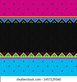 Ugly sweater Merry Christmas party knit ornament. Vector illustration Knitted background seamless pattern scandinavian ornament tropical bright colors. Black and pink, blue, yellow colored knitting