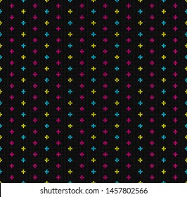 Ugly sweater Merry Christmas party knit ornament. Vector illustration Knitted background seamless pattern scandinavian ornament tropical bright colors. Black and pink, blue, yellow colored knitting
