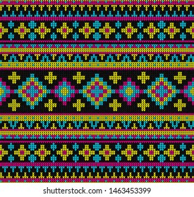 Ugly sweater Merry Christmas party knit ornament. Vector illustration Knitted background seamless pattern scandinavian ornament tropical bright colors. Black and pink, blue, yellow colored knitting