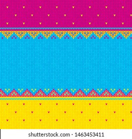 Ugly sweater Merry Christmas party knit mexican ornament. Vector illustration Knitted background seamless pattern scandinavian ornament tropical bright colors. Pink, blue, yellow colored knitting