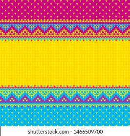 Ugly sweater Merry Christmas party knit ornament. Vector illustration Knitted background seamless pattern scandinavian ornament tropical bright colors. Black and pink, blue, yellow colored knitting