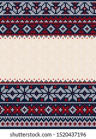 Ugly sweater Merry Christmas party ornament. Vector illustration knitted background seamless pattern with snowflake, scandinavian ornament. White, blue, red colored knitting frame border template