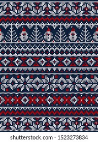 Ugly sweater Merry Christmas party ornament. Vector illustration knitted background seamless pattern with Santa Claus, snowflake, scandinavian ornament. White, blue, red colored knitting