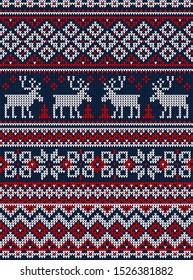 Ugly sweater Merry Christmas party ornament. Vector illustration knitted background seamless pattern with deers, snowflake, scandinavian ornament. White, blue, red colored knitting