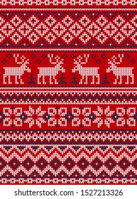 Ugly sweater Merry Christmas party ornament. Vector illustration knitted background seamless pattern with deers, snowflake, scandinavian ornament. White, blue, red colored knitting