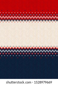 Ugly sweater Merry Christmas party ornament. Vector illustration knitted background seamless pattern scandinavian ornament. White, blue, red colored knitting frame border template