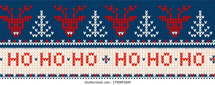 Ugly sweater Merry Christmas party ornament. Vector illustration Handmade knitted background seamless pattern with deer, christmas tree, snowflake, scandinavian ornament. White,blue colored knitting