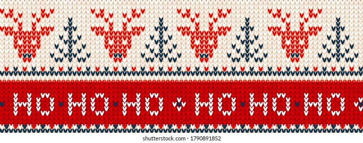 Ugly sweater Merry Christmas party ornament. Vector illustration Handmade knitted background seamless pattern with deer, christmas tree, snowflake, scandinavian ornament. White,blue colored knitting
