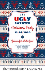 Ugly sweater Merry Christmas party ornamental invitation. Vector illustration Handmade knitted background pattern with deers, scandinavian ornament. White, green, red colored knitting