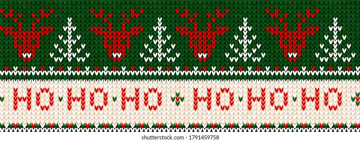 Ugly sweater Merry Christmas party ornament. Vector illustration Handmade knitted background seamless pattern with christmas tree, snowflake, scandinavian ornament. White, red colored knitting