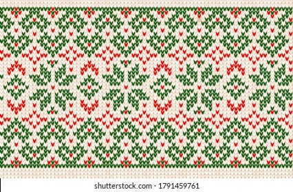 Ugly sweater Merry Christmas party ornament. Vector illustration Handmade knitted background seamless pattern with christmas tree, snowflake, scandinavian ornament. White, red colored knitting
